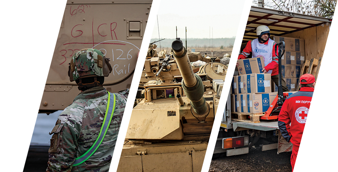 Photo Collage of soldier, military equipment, and humanitarian assistance activity.